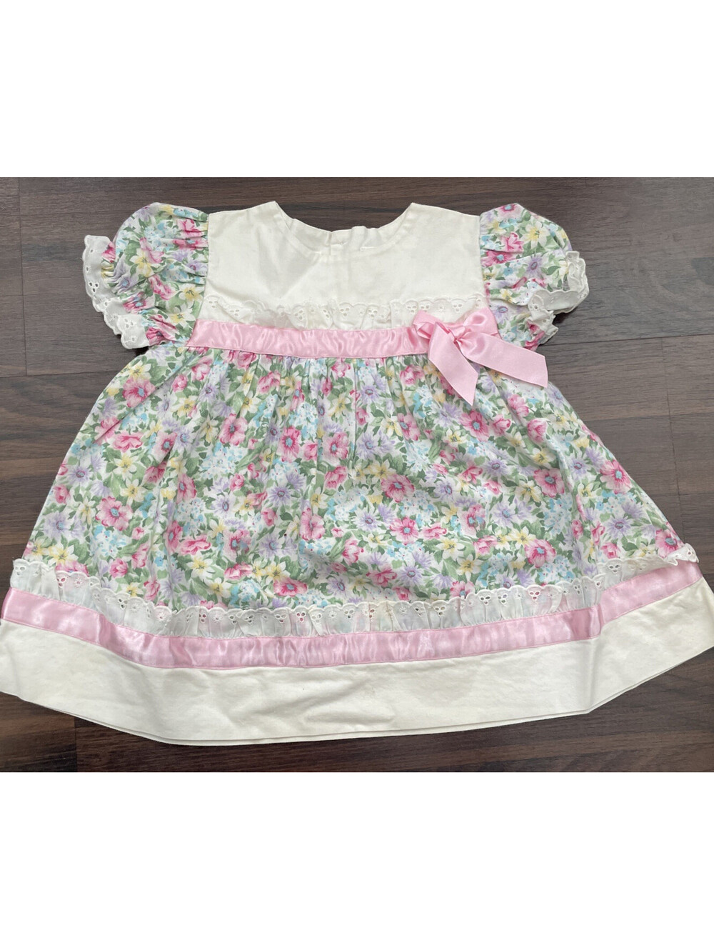 Vtg Allison Ann Baby Girls Floral Dress Pink Ribbon Trim Lace Cottagecore 2T